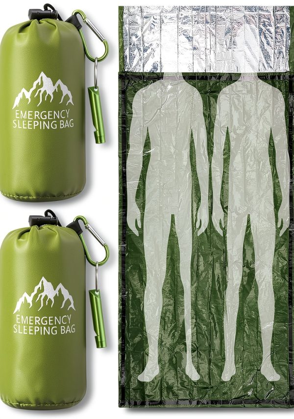 Oudain 2 Pcs XL Emergency Sleeping Bag 94.5" x 49.2" Waterproof Survival Sleeping Bag with Whistle Carabiner Portable Thermal Bivy Sack Emergency Blankets for Camping Hiking Outdoor-0